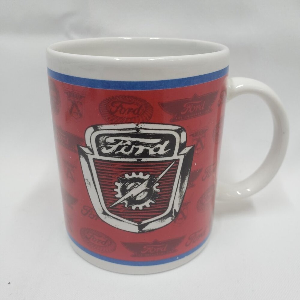 Vintage Ford Motor Company Coffee Mug 50s 60s Ford Lightning Bolt Crest Red